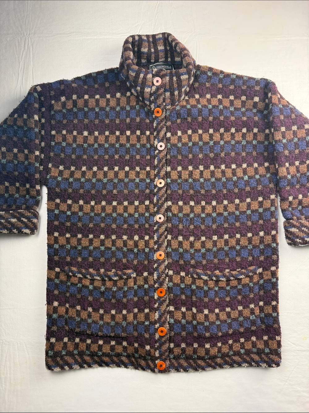 Periwinkle Checked Multi Color High Neck Button Down Teddy Jacket Size L